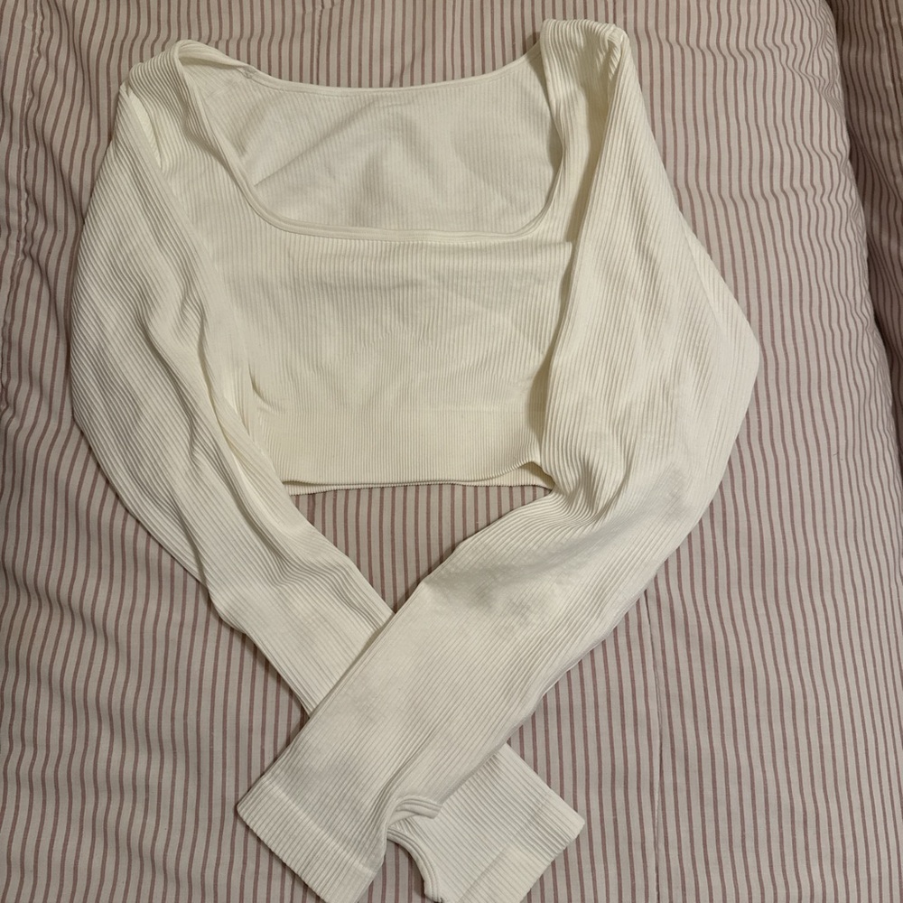 White Ribbed Long Sleeve Crop Top